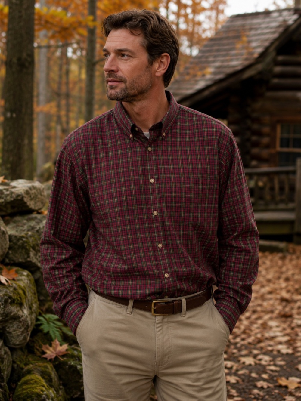 LL Bean Men's Red Green Plaid Button-Up Long-Sleeve Shirt XL REG Outdoors Autumn